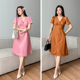 Đầm váy công sở cổ V tay ngắn dáng xòe SANJOLI phù hợp mặc đi làm, đi dự tiệc VD005