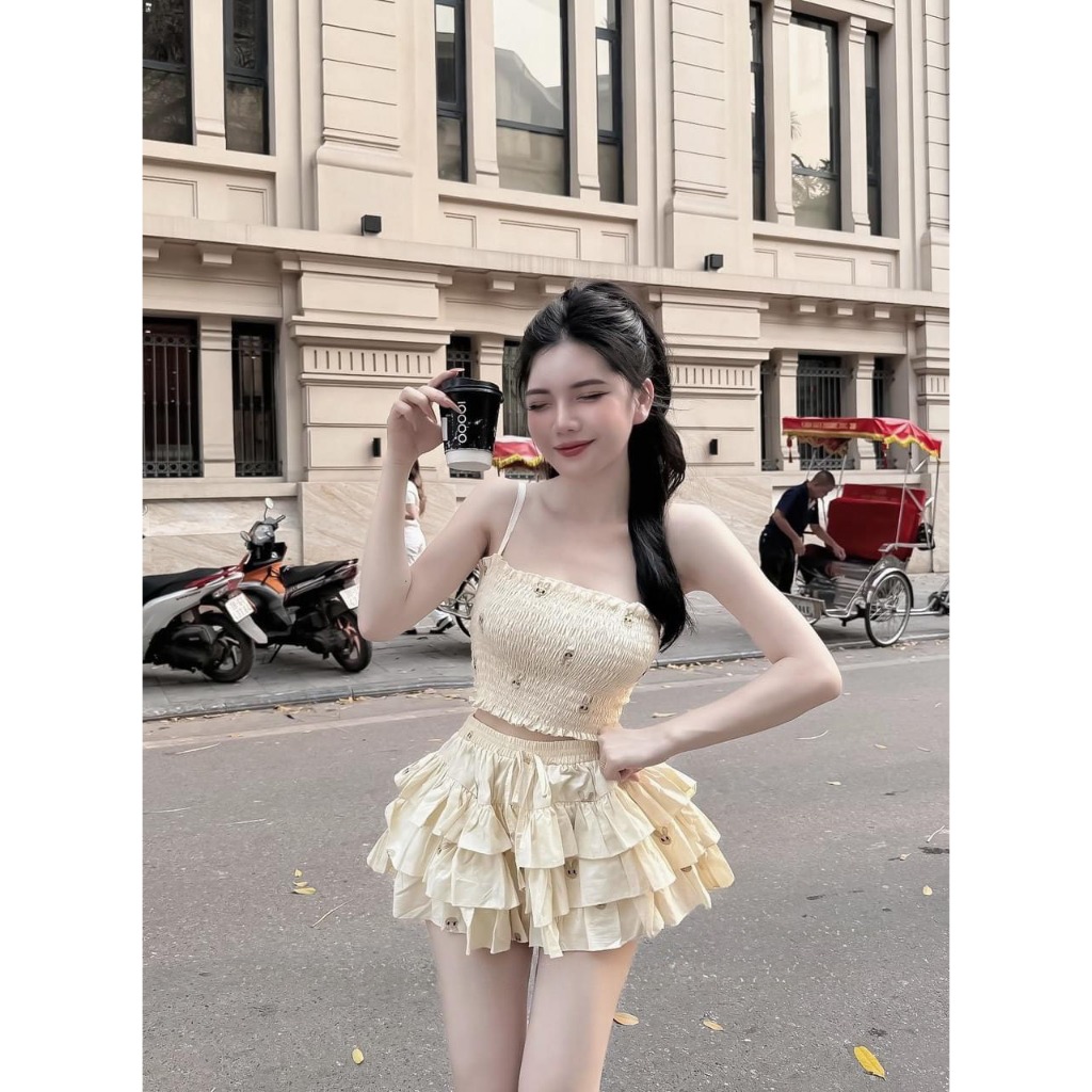M961 - Set áo dây nhún phối chân váy tầng lưng chun họa tiết hoa nhí cho nữ | BigBuy360 - bigbuy360.vn