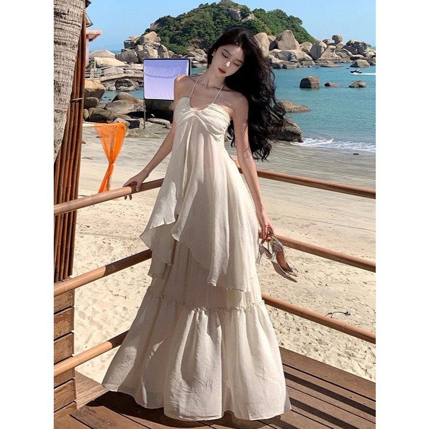 M964 - Set áo yếm hở lưng xẻ tà phối chân váy xòe tầng trắng | BigBuy360 - bigbuy360.vn