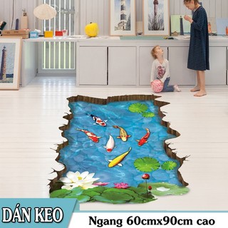 Decal trang trí tường - thảm 3D Hồ Cá KOI và hoa Sen