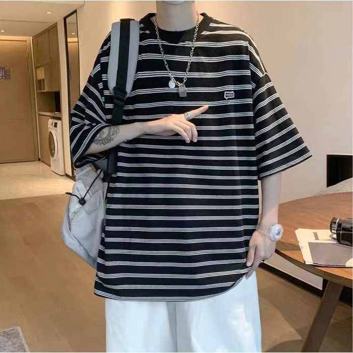 Áo Thun Kẻ Sọc Unisex LUFS Chất Liệu Polyester Co Giãn Mềm Mại Form Rộng Phong Cách Hàn Quốc KS 02