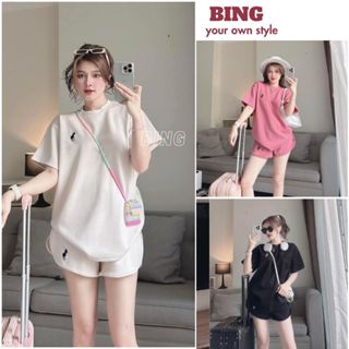 Set bộ áo cộc tay + quần short đùi, thêu hình con ngựa, kiểu dáng năng động thời trang dành cho nữ - BING BNN16