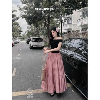 Set váy maxi mặc dạo phố áo thun gân trễ vai kèm chân váy lụa qc xòe tầng nữ tính