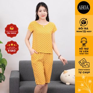 Bộ Lụa Mặc Nhà Nữ AHOA Cổ V, Bộ Trung Niên Mùa Hè Cho Mẹ Quần Lửng Vải Lụa Hàng Châu Cao Cấp Thoáng Mát Không Nhăn BLCV