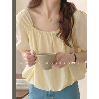 (ORDER) Áo sơ mi tay phồng cổ vuông màu vàng nhạt bo gấu phồng điệu đà nhẹ nhàng thanh lịch Hàn Quốc hàng QC cao cấp