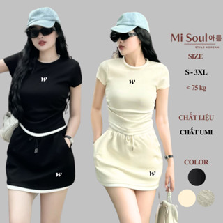 Set Bộ Thêu Chữ W Áo Dúm Eo Chân Váy A Có Lót Quần Viền Trắng Bigsize Misoul, Bộ Chân Váy Áo Nhún Sườn Phối Trắng 290
