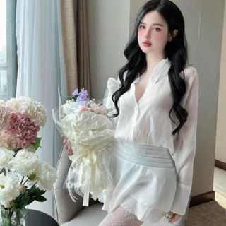 Set đồ đi tiệc thiết kế sang chảnh Set áo sơ mi voan tơ đính hoa phối chân váy Minaca Clothing S74
