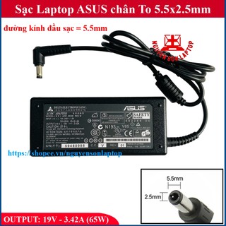 Sạc Laptop Asus X44h, K43e, K42, K53e chân To 5.5x2.5mm - kích thước đường kính đầu sạc 5.5mm