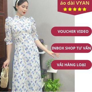 Áo Dài Hoa nhí xanh dương 4 tà