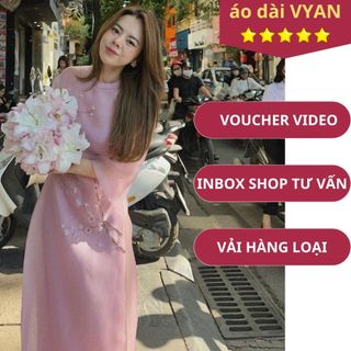 Áo Dài Hoa Đào Sakura von tơ 4 tà đính kết thủ công