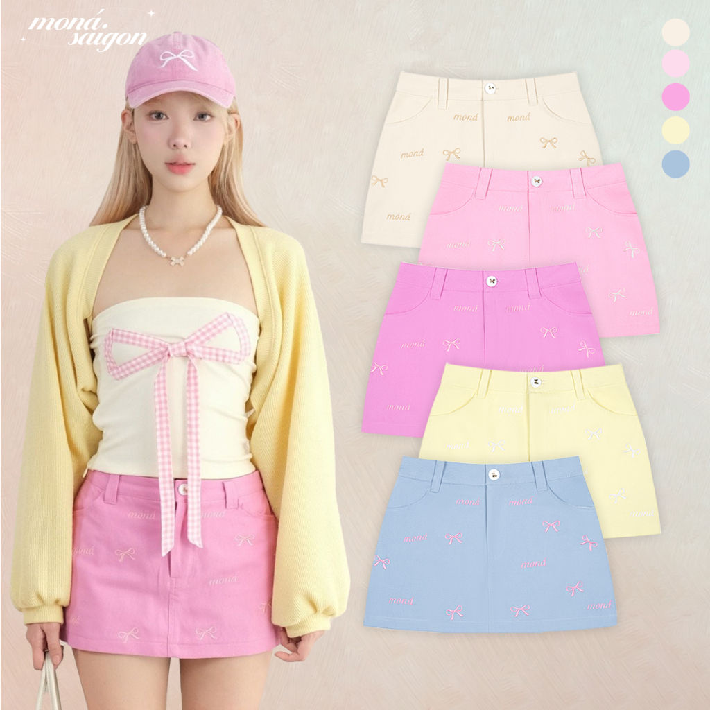 Chân váy kaki cotton nữ thêu họa tiết nơ MONÁ - MESSY SKIRT