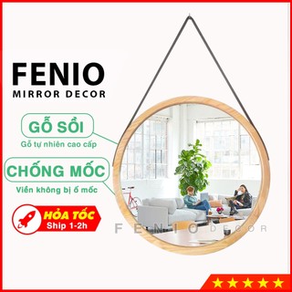 Gương tròn treo tường khung viền gỗ Sồi tự nhiên [3 KIỂU TREO] Dây treo bằng da, dây thừng hoặc loại móc treo phía sau