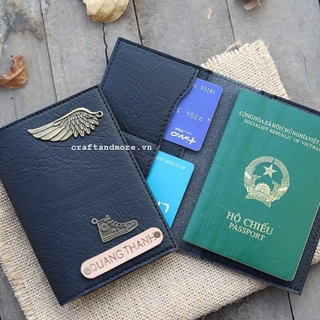 Ví đựng bao da vỏ bọc hộ chiếu Passport Cover khắc tên, gắn charm theo yêu cầu làm quà tặng - XANH ĐEN
