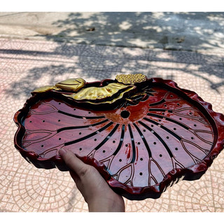 Khay trà giả gỗ hình lá sen, Khay đựng bộ ấm trà, Khay trà Minh Hải dáng Lá Sen, khay trà tùng, khay trà Hoa lan cổ điển