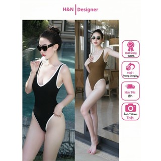 [ Sẵn - Hỏa Tốc ] Jumpsuit Bikini Đi Biển Viền Trắng Đồ Bơi Nữ Liền Thân Mùa Hè