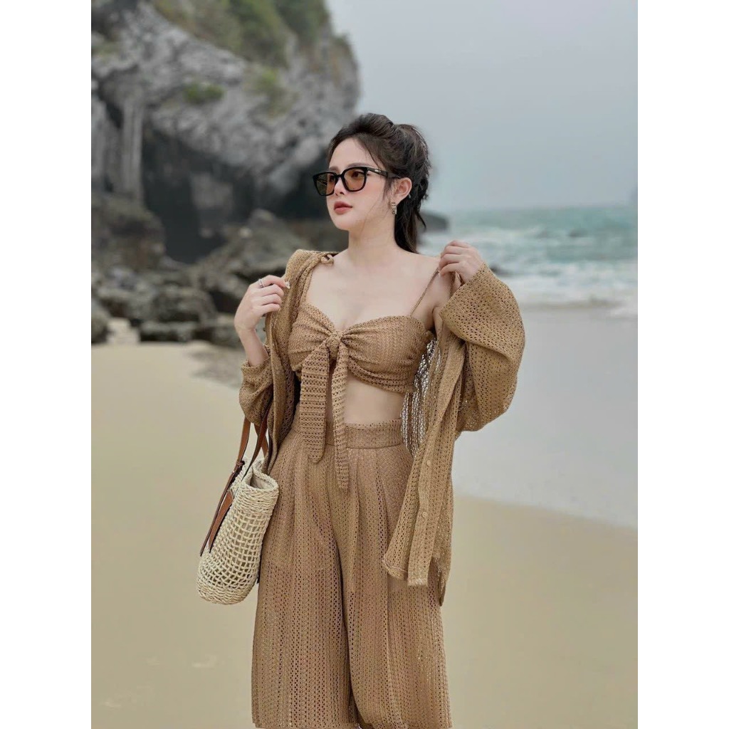 Set Bikini đồ bơi 3 món đi biển ren lưới, khoác tay dài quần dài chất lưới fom rộng thoáng mát 941 | BigBuy360 - bigbuy360.vn