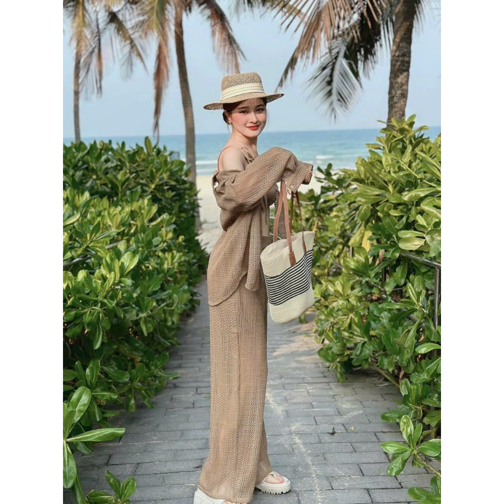 Set Bikini đồ bơi 3 món đi biển ren lưới, khoác tay dài quần dài chất lưới fom rộng thoáng mát 941 | BigBuy360 - bigbuy360.vn