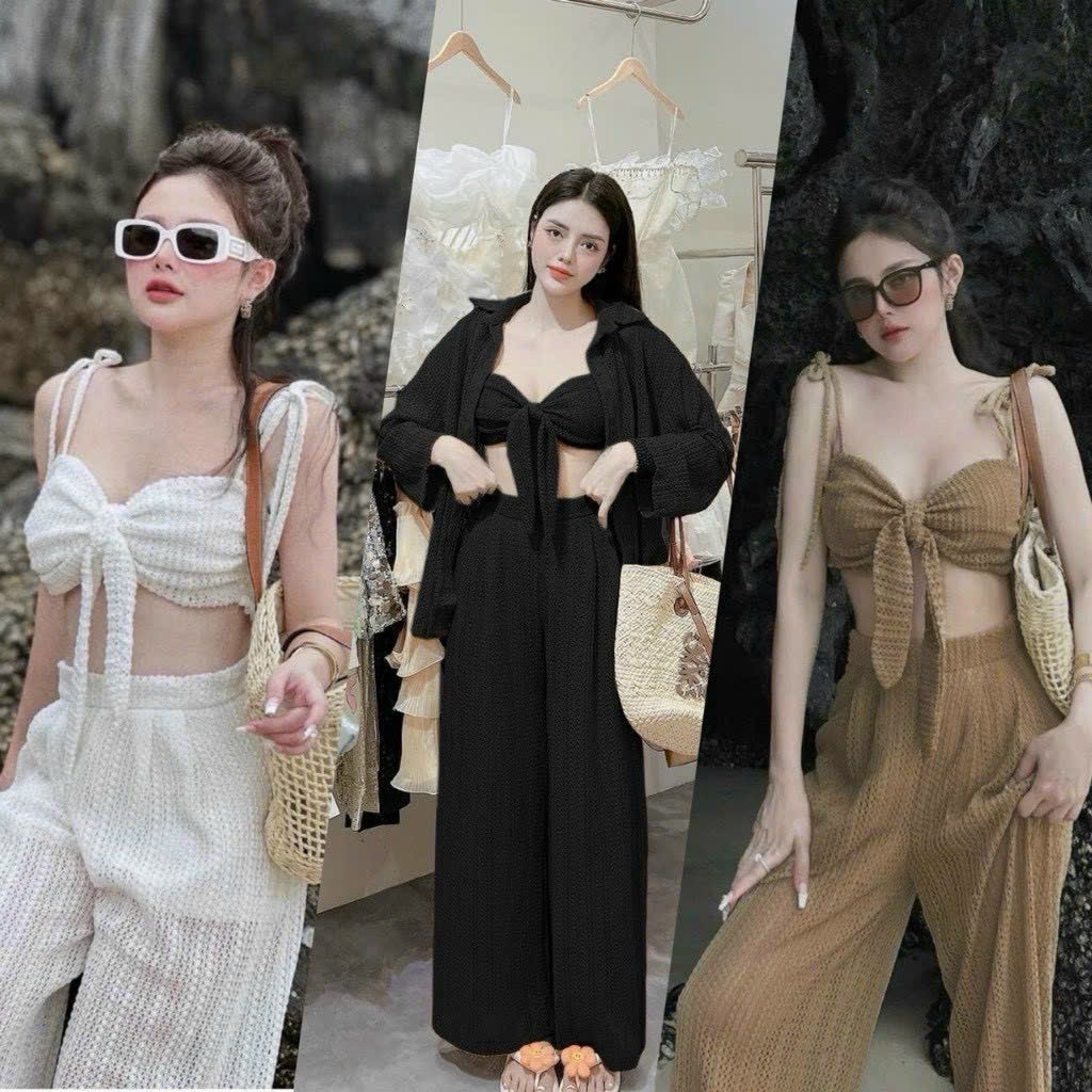 Set Bikini đồ bơi 3 món đi biển ren lưới, khoác tay dài quần dài chất lưới fom rộng thoáng mát 941 | BigBuy360 - bigbuy360.vn