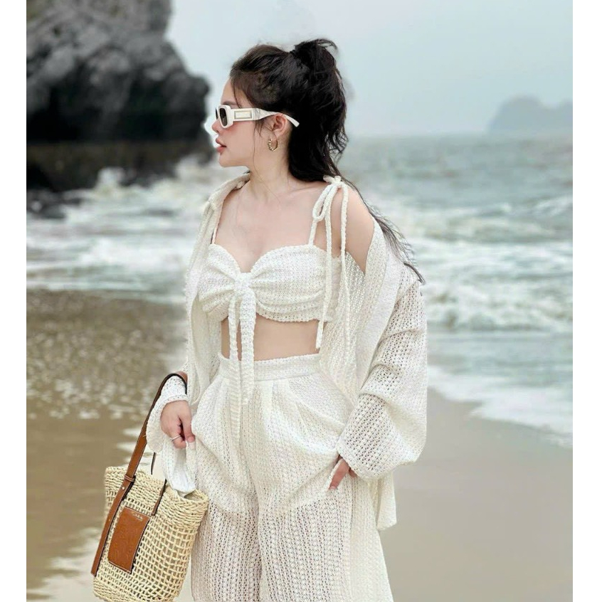 Set Bikini đồ bơi 3 món đi biển ren lưới, khoác tay dài quần dài chất lưới fom rộng thoáng mát 941 | BigBuy360 - bigbuy360.vn