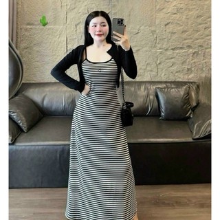 Đầm 2 dây sọc ngang dáng dài phối áo khoác trơn tay dài xinh xinh