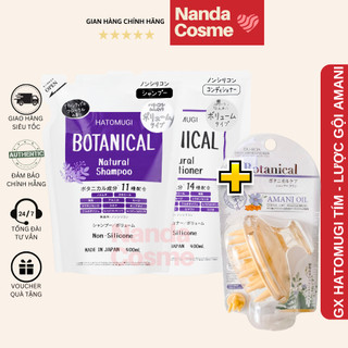 Gội xả hatomugi botanical nhật bản bản tím kiềm dầu phồng tóc 400ml+ lược gội đầu amani nhật bản giảm rụng tóc
