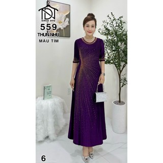 Đầm maxi trung niên dự tiệc sang trọng vải thun nhũ cao cấp đính đá, tặng mẹ co giãn tốt bigsize 80kg M559
