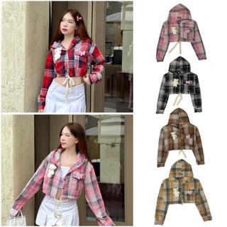 Áo Sơ Mi Croptop Flannel Có Nón CINDDY BRAND Kẻ Sọc Phối Nơ Với Gấu Hottrend 2024 CT04