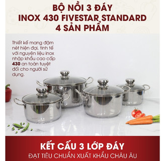 Bộ nồi inox 430 bếp từ FiveStar Standard nắp kính , 3 đáy dùng được mọi bếp , hàng chính hãng , tặng 1 vá canh