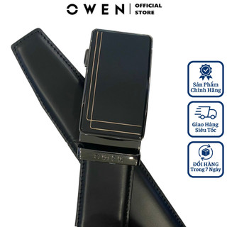 Thắt lưng da bò nam OWEN BELT232632 dây nịt bụng cao cấp màu đen trơn mặt khóa trượt tự động không phồng rộp bong tróc