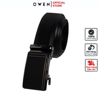 Thắt lưng nam da bò cao cấp OWEN BELT232632 dây nịt bụng màu đen trơn mặt khóa trượt tự động chống phồng rộp bong tróc