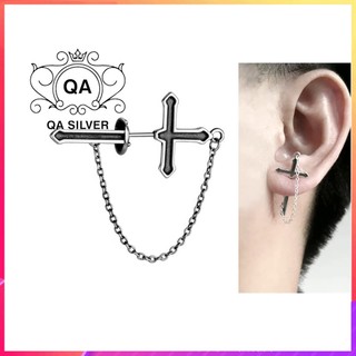 Khuyên tai bạc 925 mặt thánh giá trước sau bông nam nữ kẹp vành 925 cross qa silver earrings ea240504