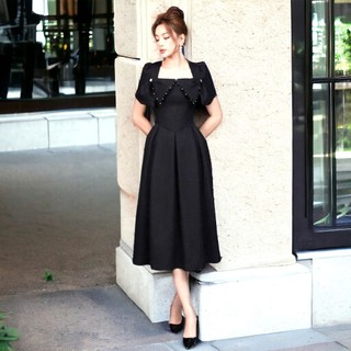 [CÓ ẢNH THẬT CỦA SHOP] Váy đầm midi đen dáng a xòe xếp li nơ ngực tay ngắn