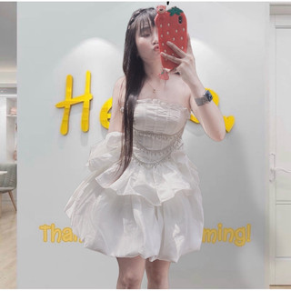 [MS1518V] - ĐẦM XOÈ CUP BÍ NƠ EO ĐÍNH ĐÁ KÈM NƠ CỔ