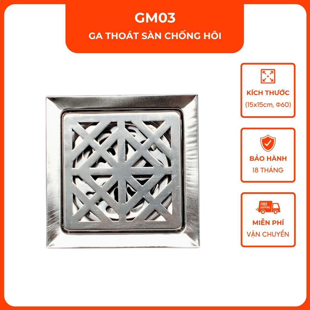 Ga thoát sàn chống hôi inox VINA GM03, size 15x15cm, phi 60