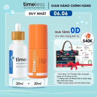 Combo Serum Timeless 10% Vitamin C & Hyaluronic Pure 30ml Cấp Ẩm Làm Sáng Mờ Thâm Cho Da Nhạy Cảm