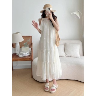 Váy maxi cổ yếm buộc nơ xinh họa tiết bướm đầm maxi - lymzstore