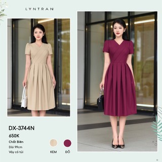 Váy xòe công sở cổ v xếp ly chéo đầm midi dáng a chân váy xếp ly đi chơi đi tiệc lyntran dx-3744n