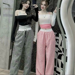 Quần kẻ caro dài dáng rộng unisex thời trang