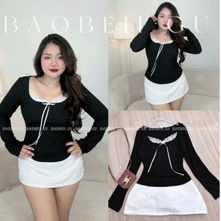  |BAOBEII.GU| Áo tay dài Babe nhún hông phối ren nơ dịu dàng- có bigsize 