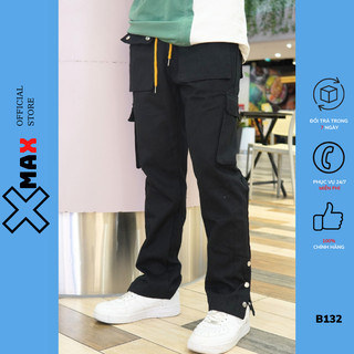 Quần kaki túi hộp nam ống rộng gấu xẻ cúc bấm XMAX cạp chun dáng đứng ống suông cargo pants B132