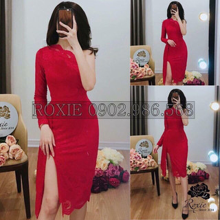 Đầm Body Nữ Mặc Tiệc Ren Kiểu Lệch Vai Xẻ Đùi Gợi Cảm Xinh