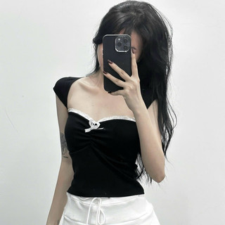 Áo croptop tay ngắn nhún ngực viền ren phối nơ