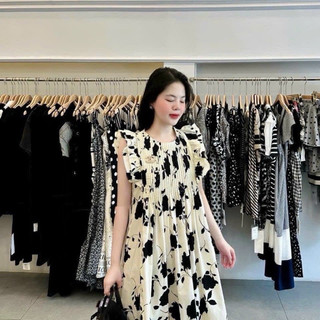 [Kim Clothing] Đầm kem hoa đen xếp li nẹp tay tiên form suông dài mát mẻ dành cho nữ