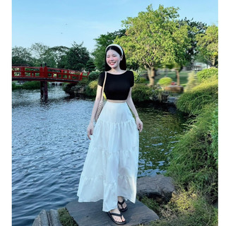 Đầm Váy nữ dự tiệc , Áo thun croptop tay ngắn mix chân váy dài lụa tôn dáng san trọng cho phái nữ