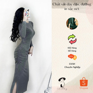 Đầm body thun nhún eo 2 bên dài tay 2 màu basic cho các nàng A1808
