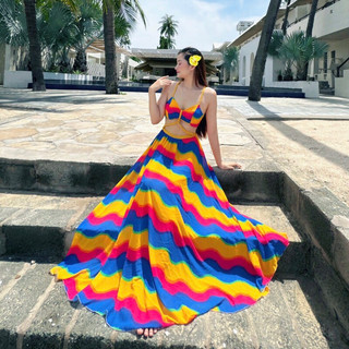 HOANGYEN Đầm maxi đi biển phối màu cut out hai dây hở lưng chéo dây