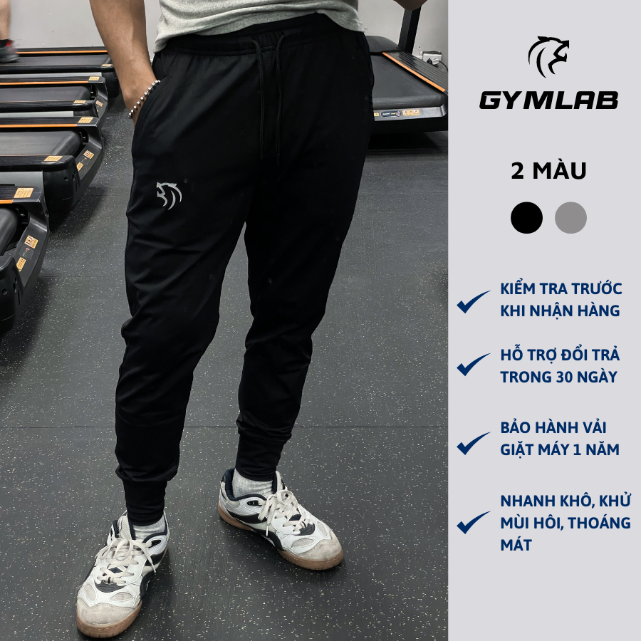 Quần jogger tập gym nam Gymlab, Quần jogger dáng dài lưng thun dây rút chất vải poly thoải mái thoáng mát