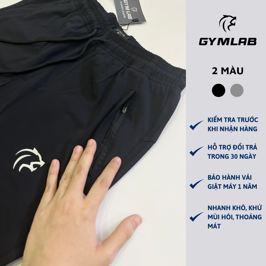 Quần jogger tập gym nam Gymlab, Quần jogger dáng dài lưng thun dây rút chất vải poly thoải mái thoáng mát