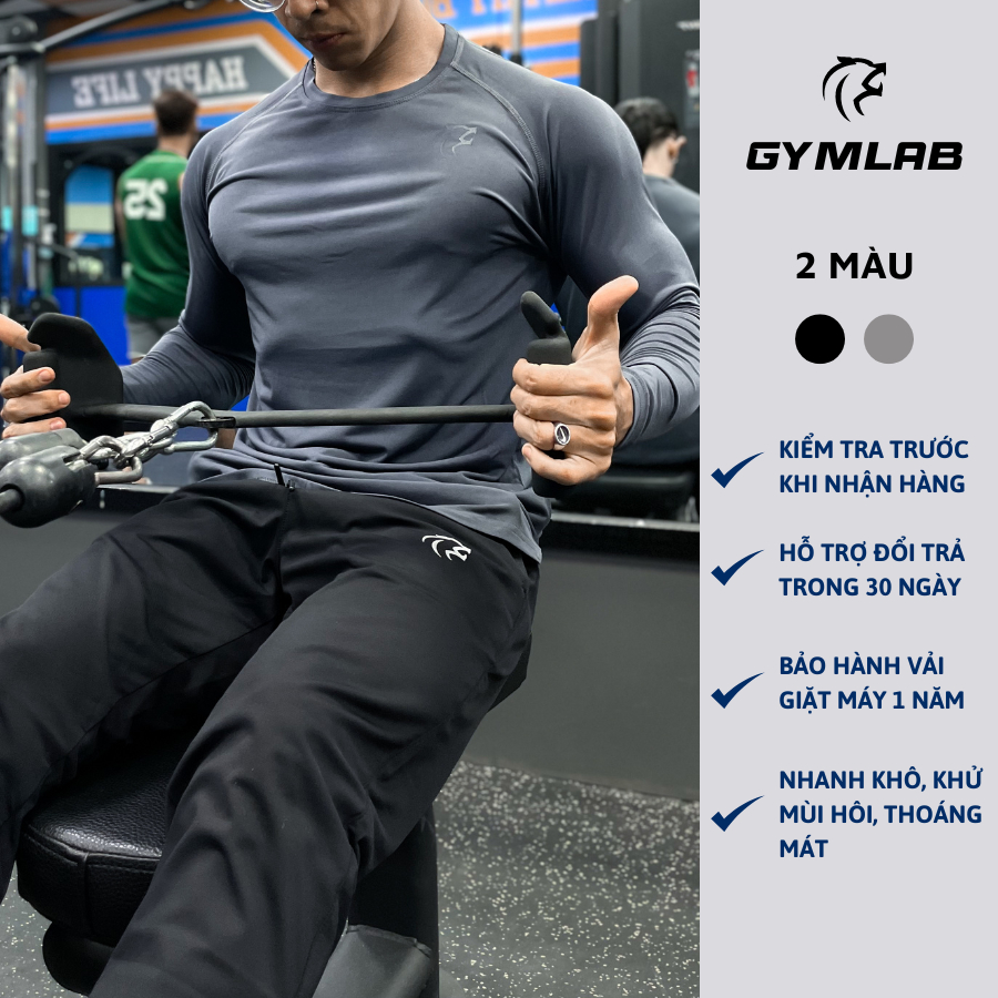 Quần jogger tập gym nam Gymlab, Quần jogger dáng dài lưng thun dây rút chất vải poly thoải mái thoáng mát