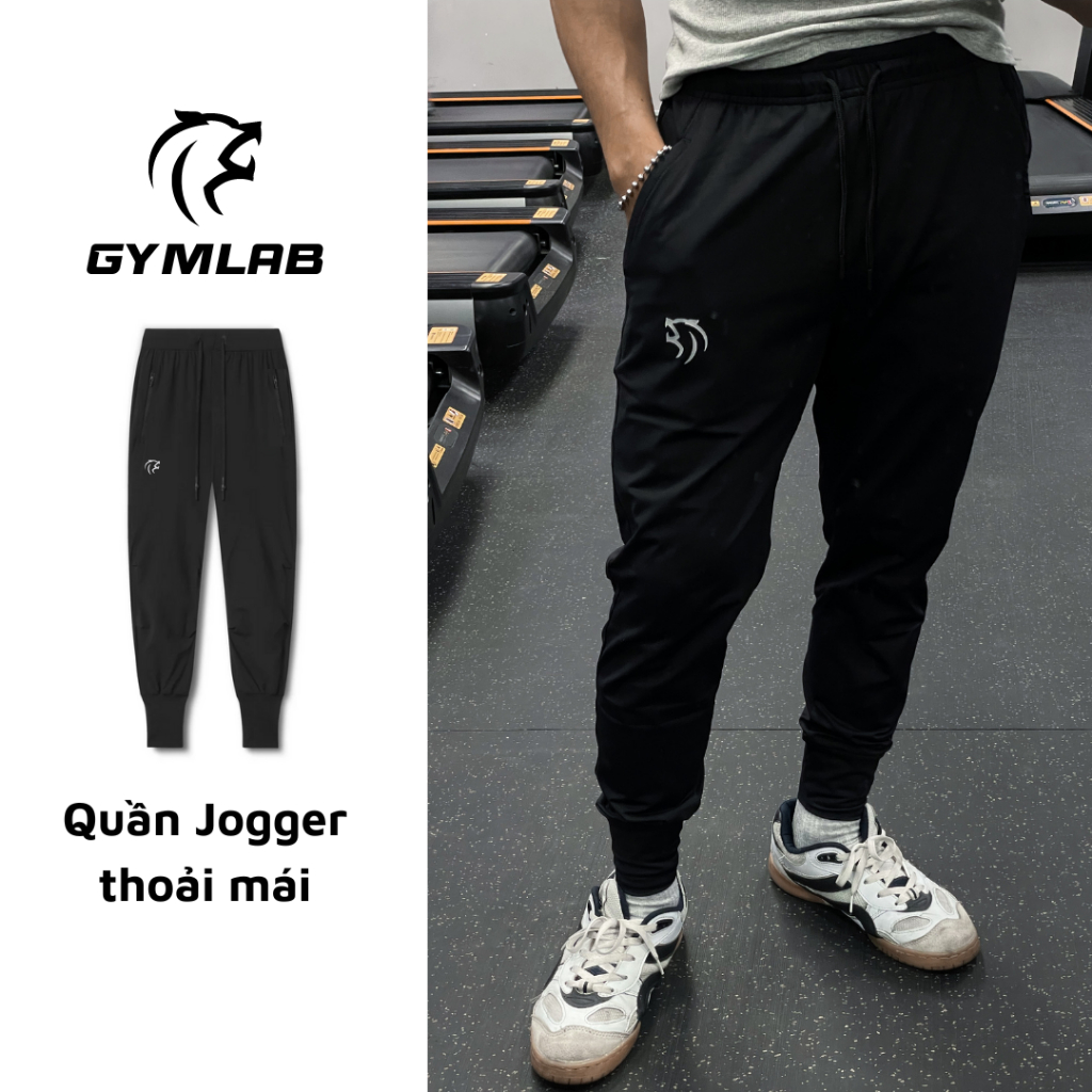 Quần jogger tập gym nam Gymlab, Quần jogger dáng dài lưng thun dây rút chất vải poly thoải mái thoáng mát